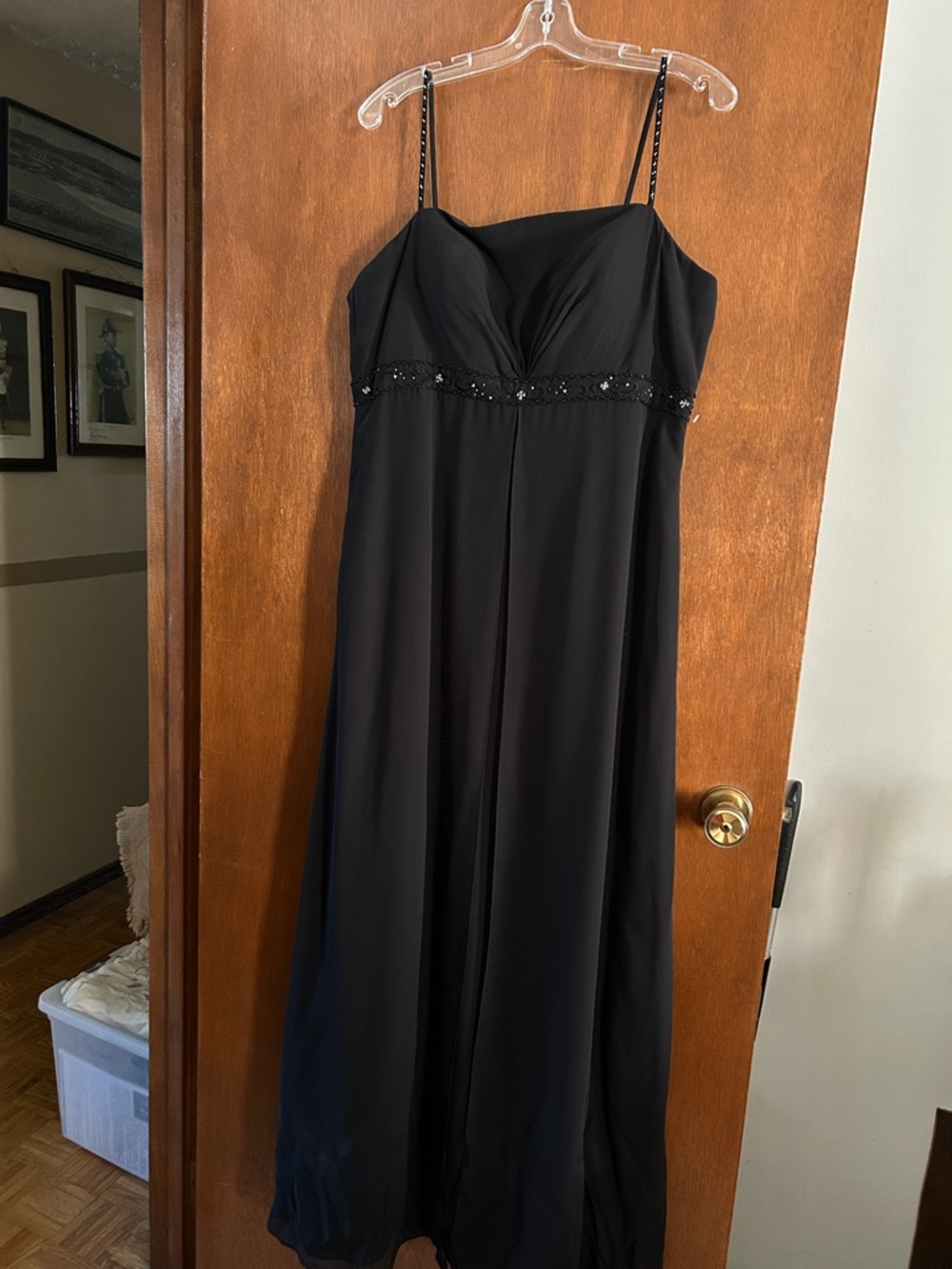 Black Beaded Spaghetti Strap Evening Dress